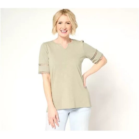 Belle by Kim Gravel Slub Knit Diamond Trim Top Green Tea Large A686384 - Picture 1 of 1